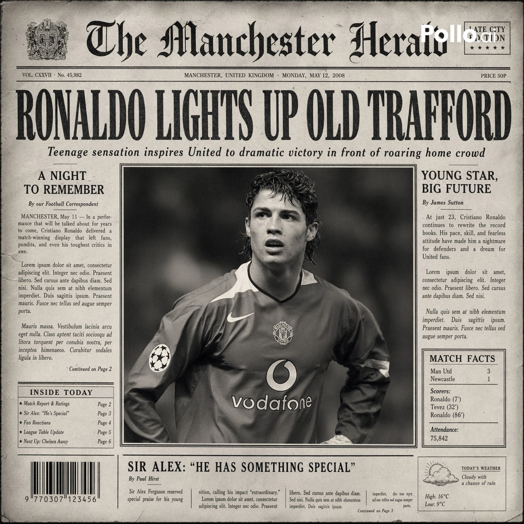Create the most realistic front page design of a vintage newspaper featuring the main character. 2