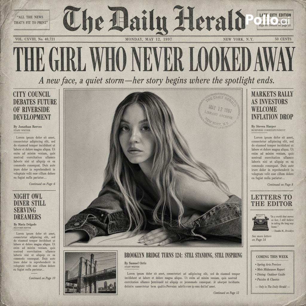 Create the most realistic front page design of a vintage newspaper featuring the main character. 3