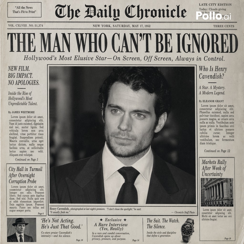 Create the most realistic front page design of a vintage newspaper featuring the main character. 4