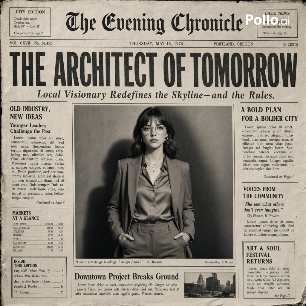 Create the most realistic front page design of a vintage newspaper featuring the main character.