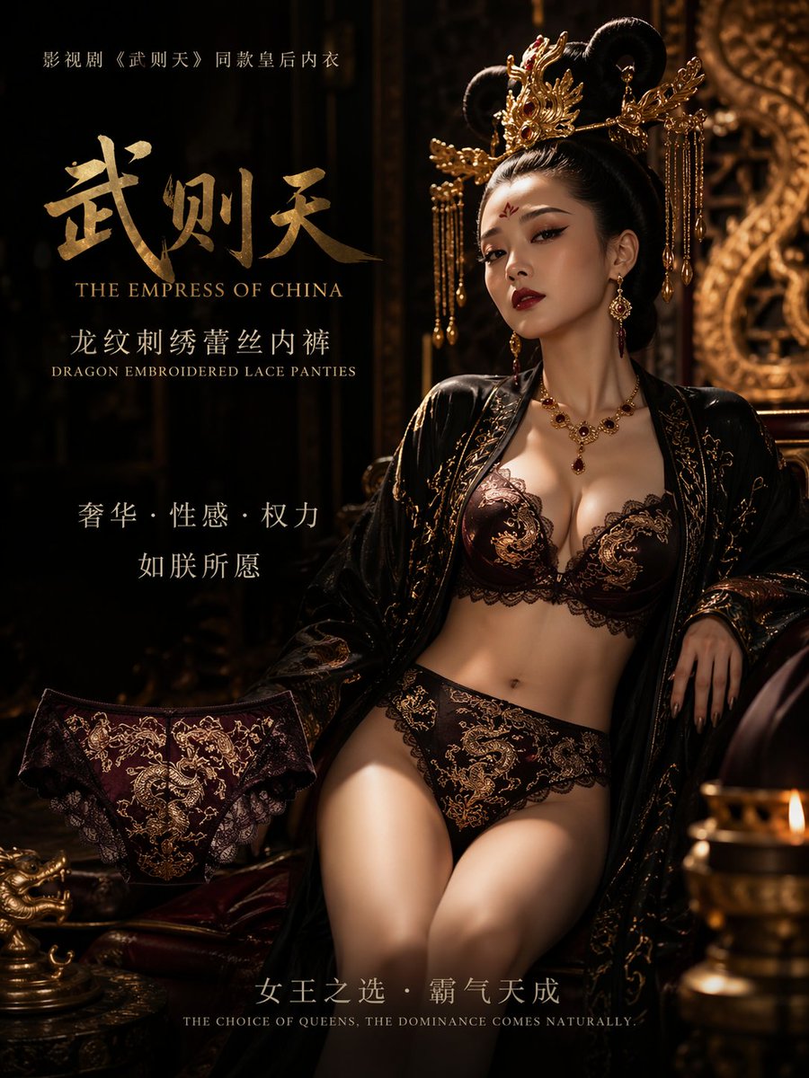 武则天同款皇后内衣广告大片，明黄底色龙纹刺绣，大红丝绸飘带衬托 2