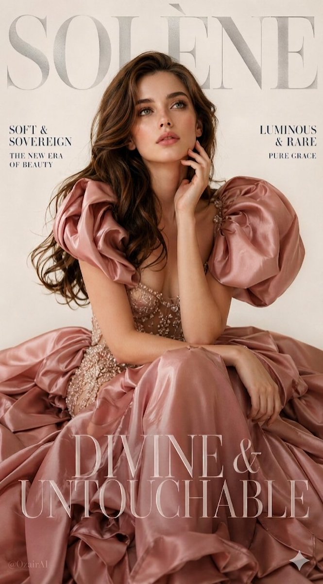 A breathtaking luxury fashion magazine cover. Large bold silver serif brand name "SOLÈNE" elegan