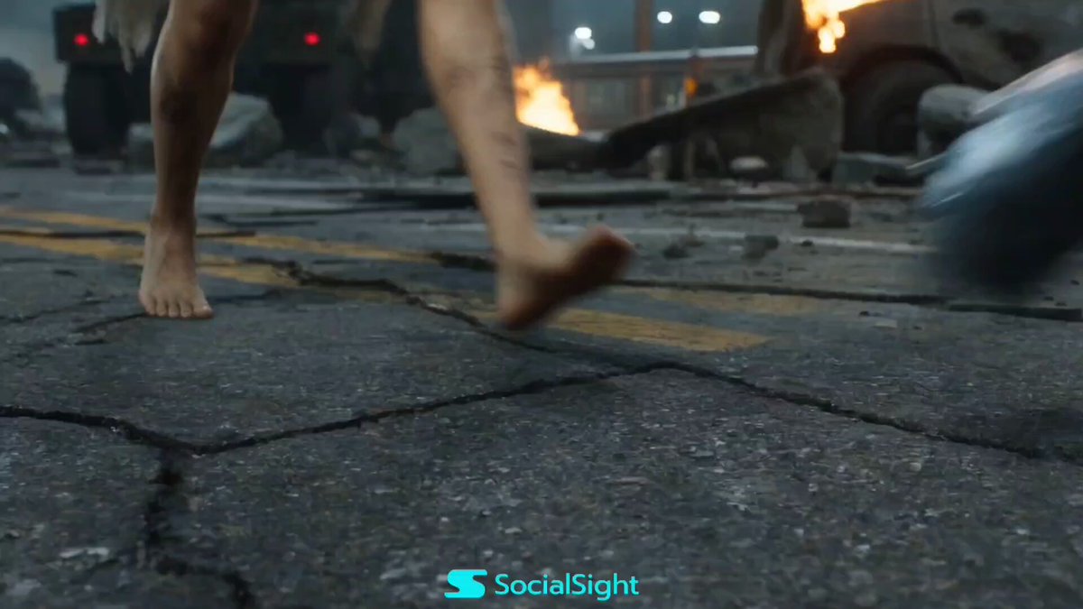 Ultra-realistic cinematic scene at a destroyed Gwanghwamun Gate. Cracked roads, burning vehicles