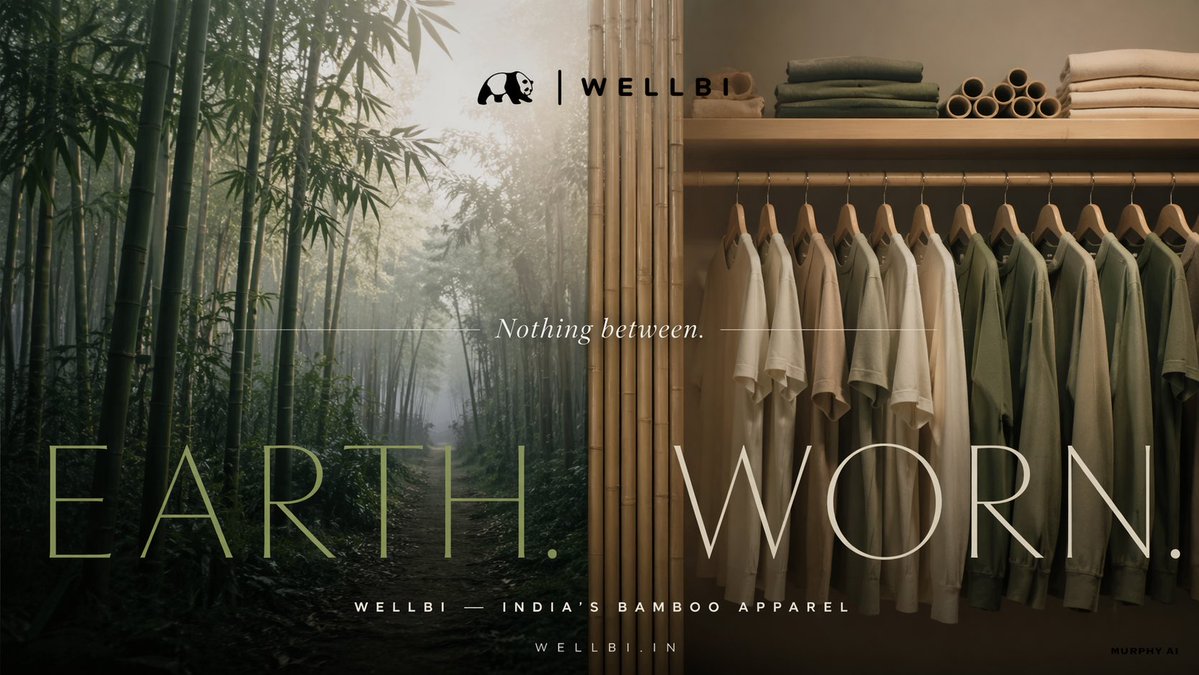 Cinematic product poster for WELLBI, India's premium bamboo apparel brand. 2