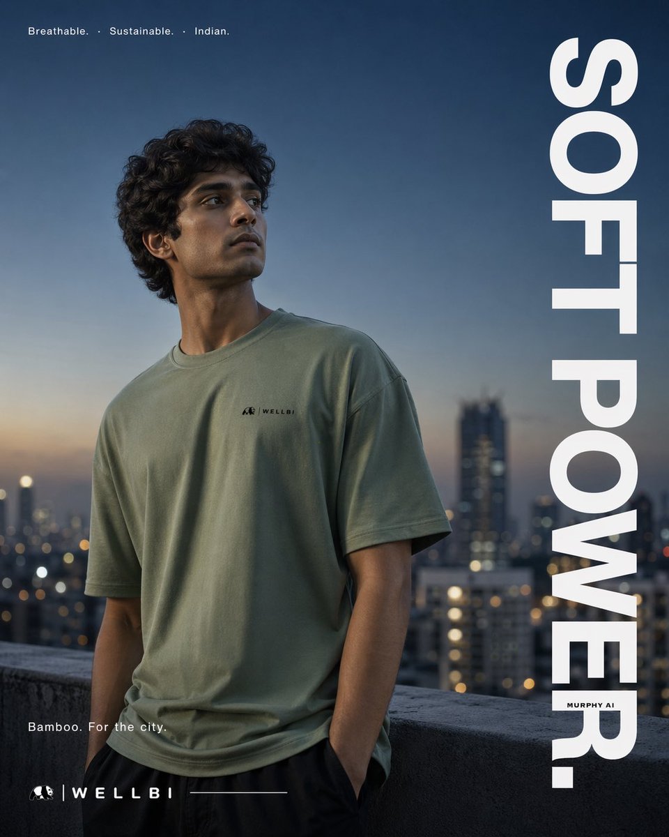 Cinematic product poster for WELLBI, India's premium bamboo apparel brand. 3