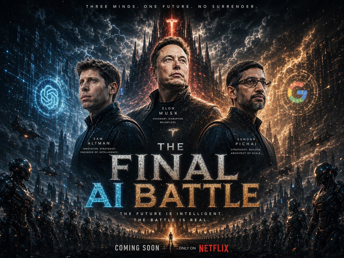 A cinematic epic sci-fi fantasy movie poster featuring three powerful tech leaders standing toge 4