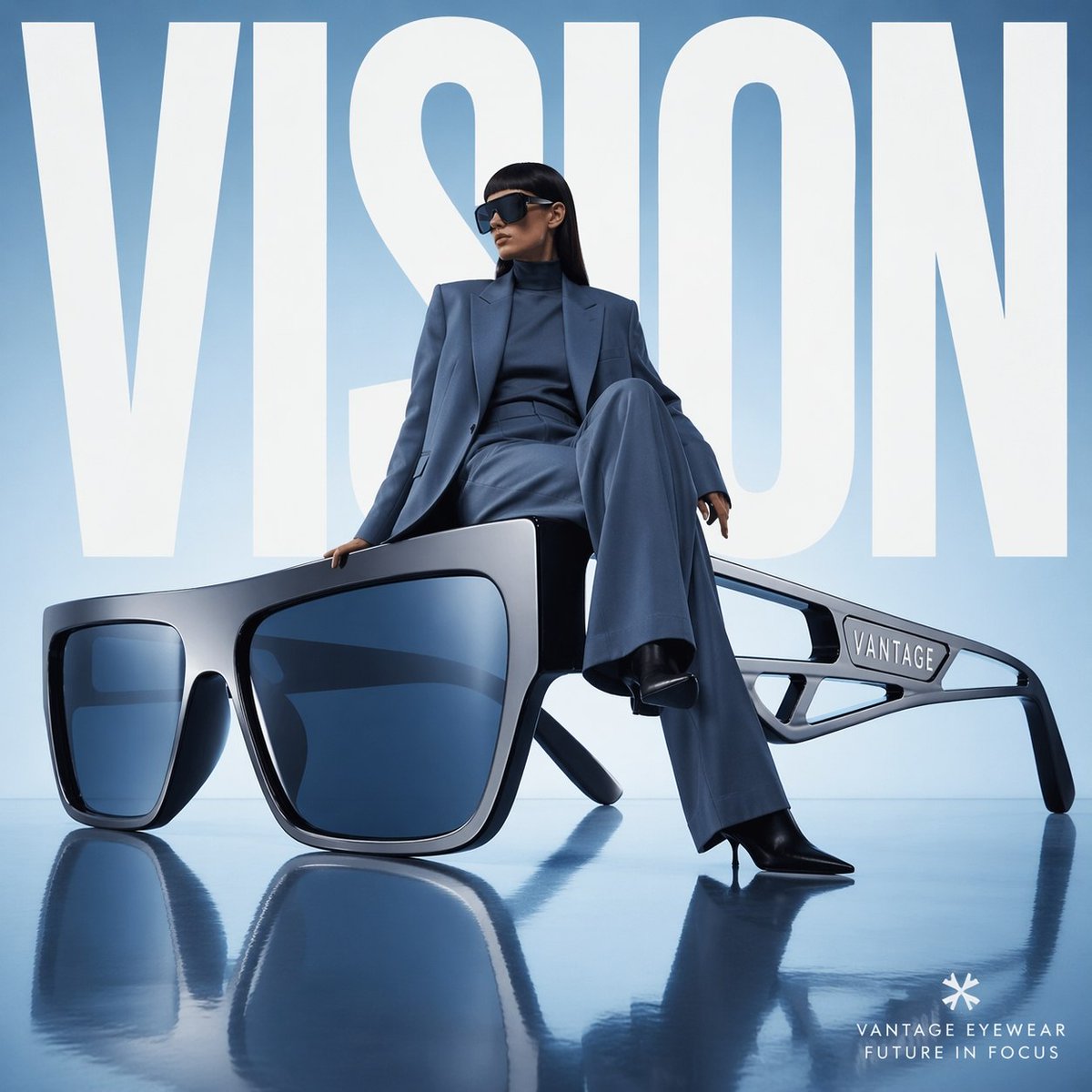 Avant-garde fashion advertisement, oversized futuristic sunglasses positioned like sculpture, mo