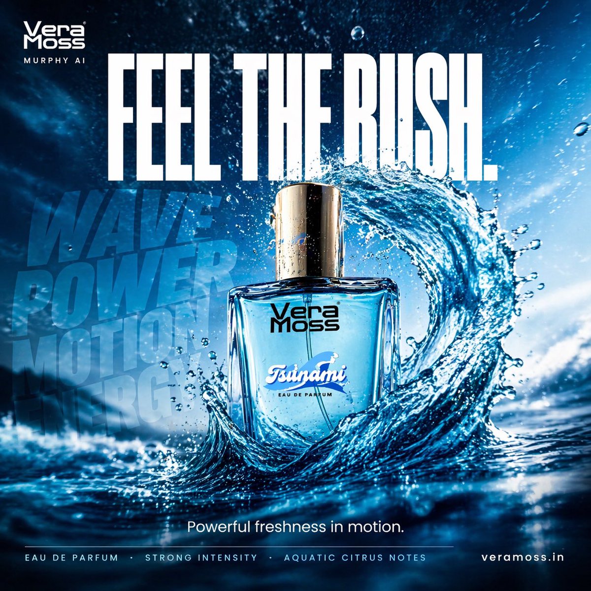 Hyper-realistic cinematic perfume billboard poster for Vera Moss Tavernier Blue Eau De Parfum, b 2