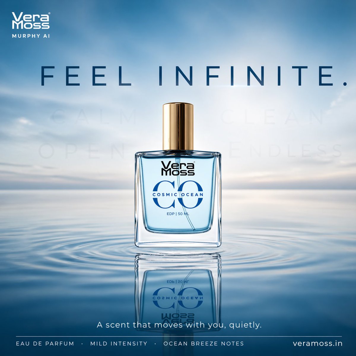 Hyper-realistic cinematic perfume billboard poster for Vera Moss Tavernier Blue Eau De Parfum, b 3