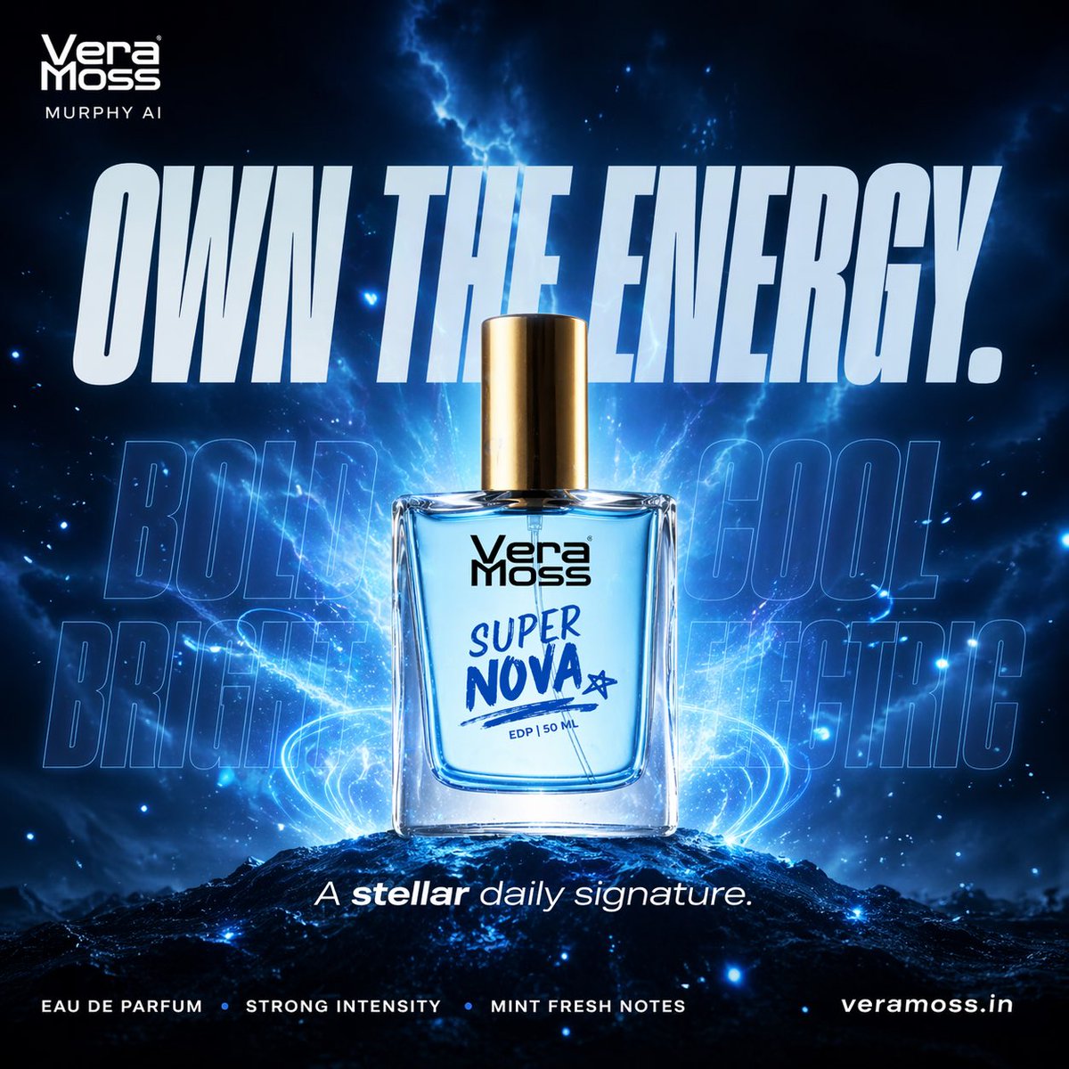 Hyper-realistic cinematic perfume billboard poster for Vera Moss Tavernier Blue Eau De Parfum, b 4