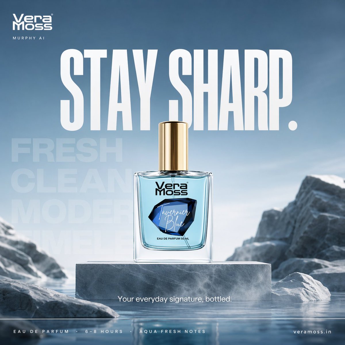 Hyper-realistic cinematic perfume billboard poster for Vera Moss Tavernier Blue Eau De Parfum, b