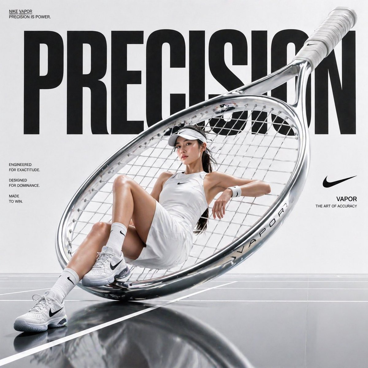 Avant-garde sports fashion advertisement, oversized tennis racket positioned like monumental scu