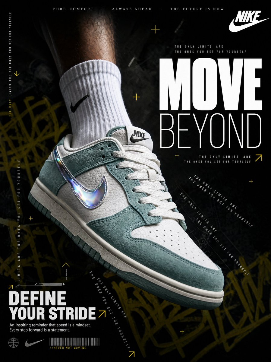 A hyperrealistic Nike sneaker advertisement shot in a dark, moody editorial style. A male leg we