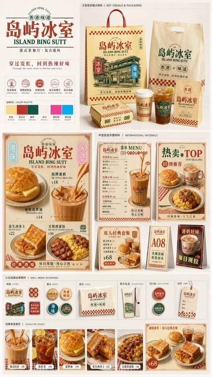 生成一张[餐饮品牌触点矩阵]系列视觉图，用于展示一个完整的餐饮品牌视觉系统与包装应用方案。 2