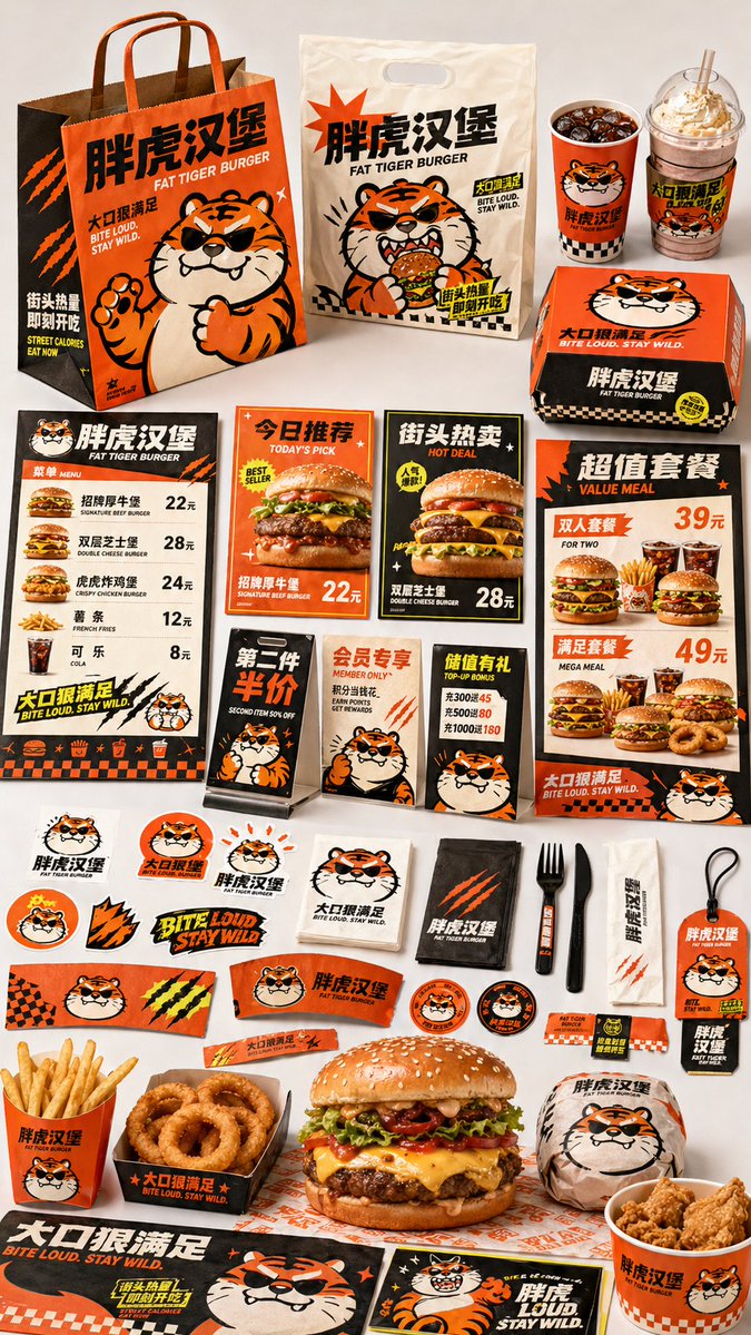 生成一张[餐饮品牌触点矩阵]系列视觉图，用于展示一个完整的餐饮品牌视觉系统与包装应用方案。 4