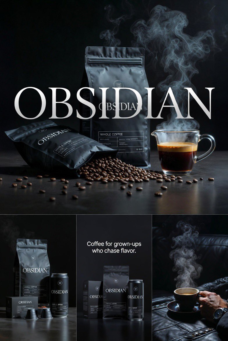 Create four connected premium realistic editorial images for OBSIDIAN coffee. Dark cinematic gro