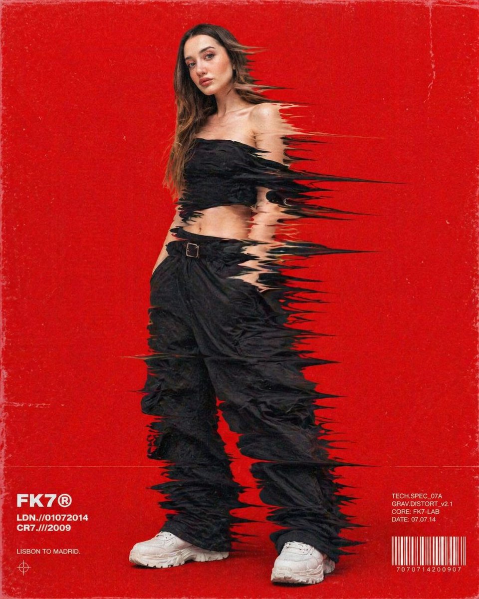 Hip-hop fashion model standing full-frame, clothing distorted into stretched streaks like motion 2