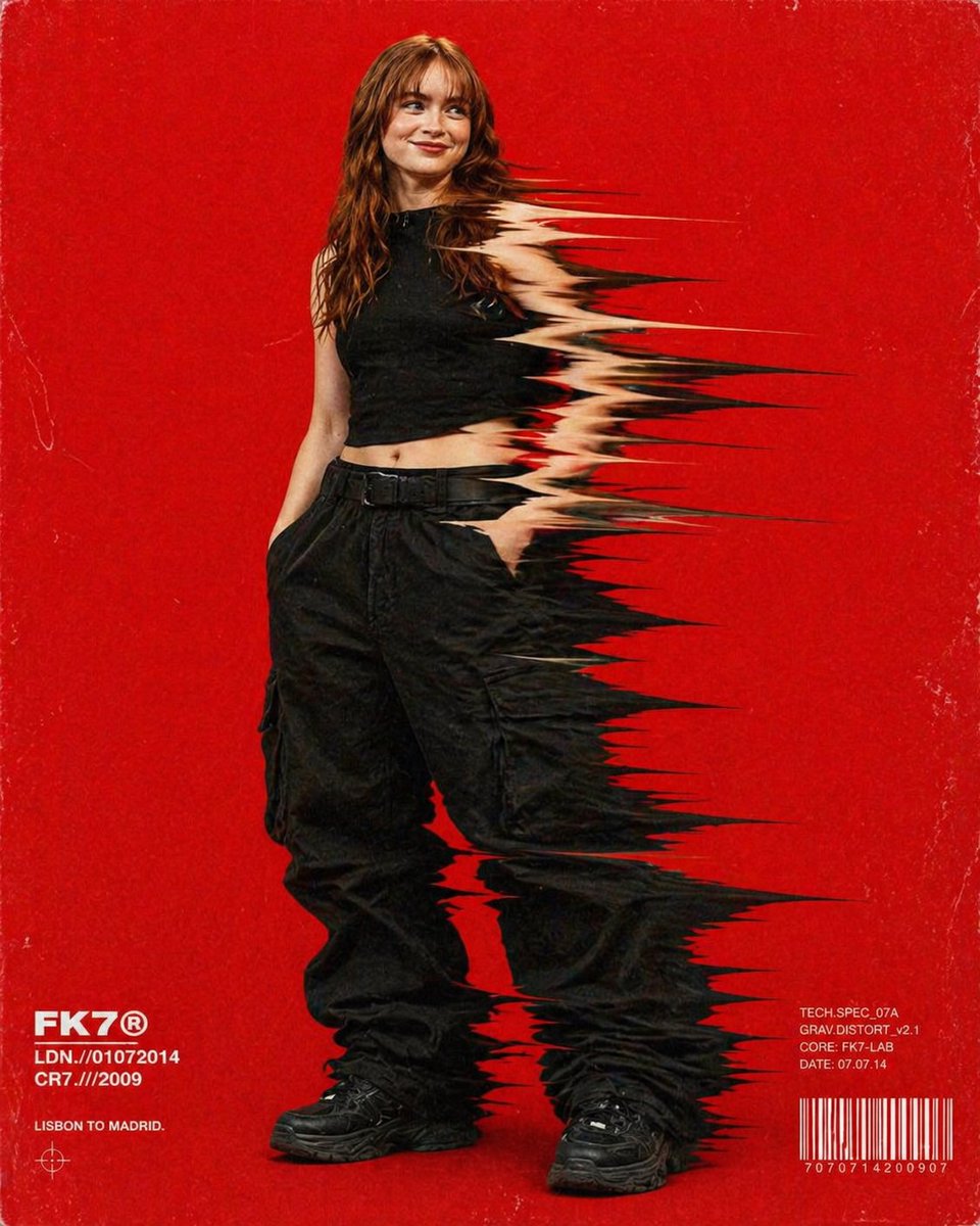 Hip-hop fashion model standing full-frame, clothing distorted into stretched streaks like motion 3