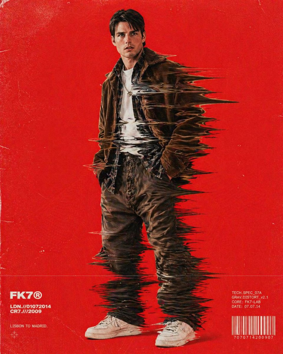 Hip-hop fashion model standing full-frame, clothing distorted into stretched streaks like motion 4