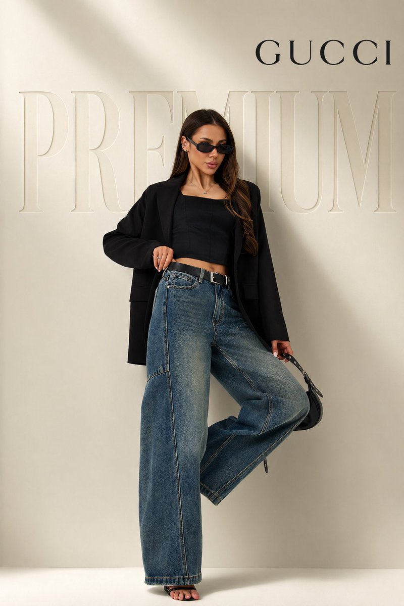 full body female model in confident fashion pose (one leg slightly raised, relaxed luxury stance