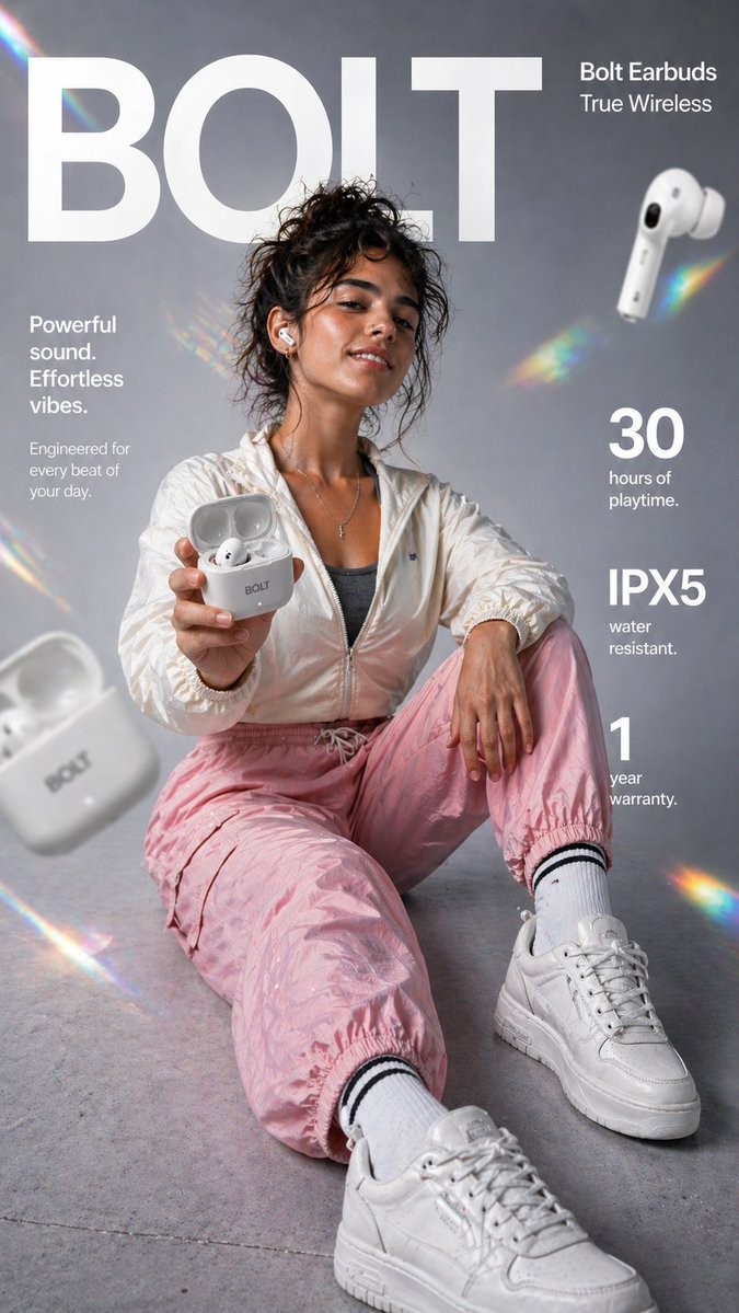 Create a high-impact 9:16 vertical e-commerce infographic for Bolt True Wireless Earbuds with a 