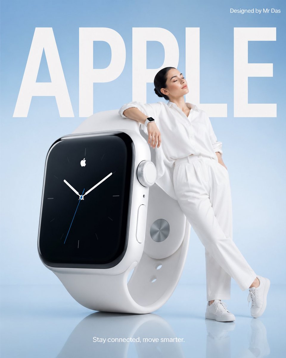 Minimalist commercial ad featuring oversized white smartwatch, ultra-clean design. A young woman