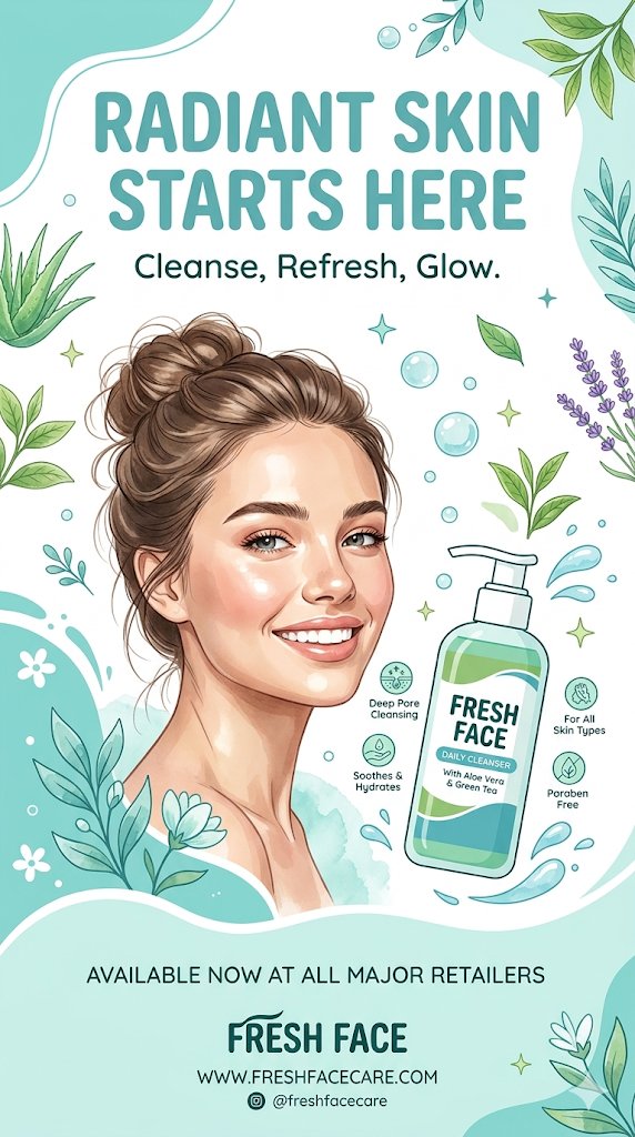 A clean, refreshing vertical advertising poster design for a face wash product, using a graphic  2