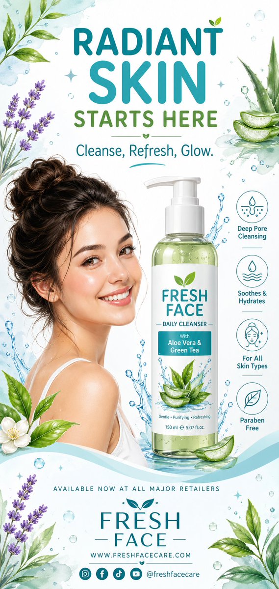 A clean, refreshing vertical advertising poster design for a face wash product, using a graphic 