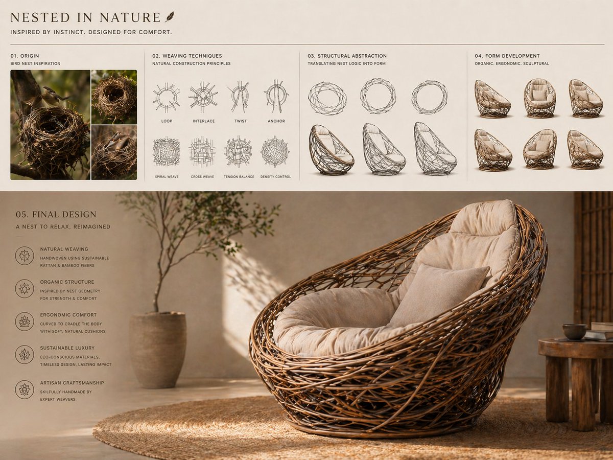 Conceptual transformation, bird nest construction techniques shaping a sculptural lounge chair, 