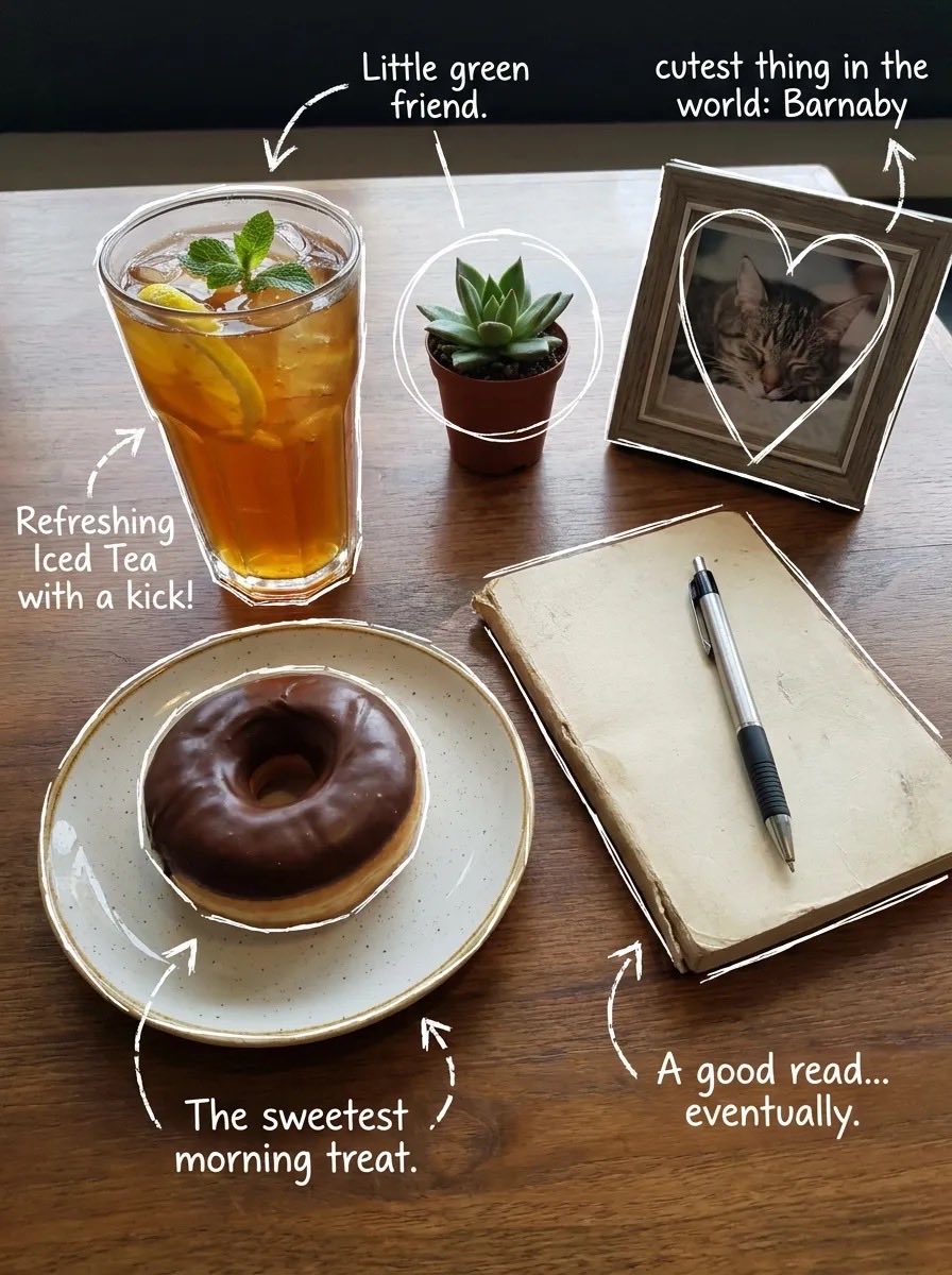 Top-down flat lay on a rustic wooden table, cozy aesthetic, soft natural light. A glass of iced  2