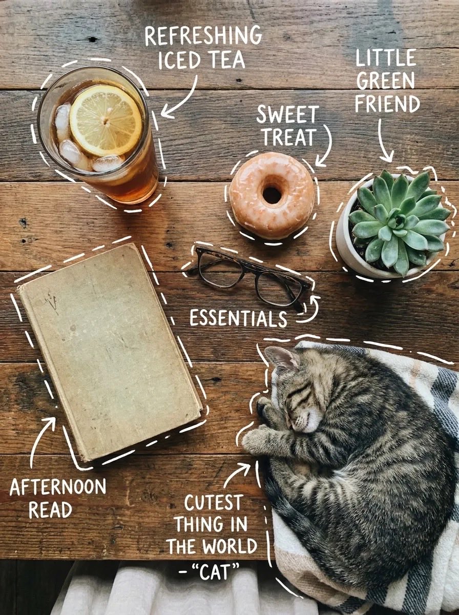 Top-down flat lay on a rustic wooden table, cozy aesthetic, soft natural light. A glass of iced 