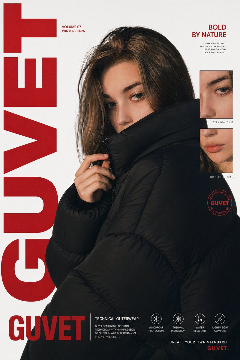A bold fashion editorial poster featuring a young woman model in a close-up half-body portrait, 