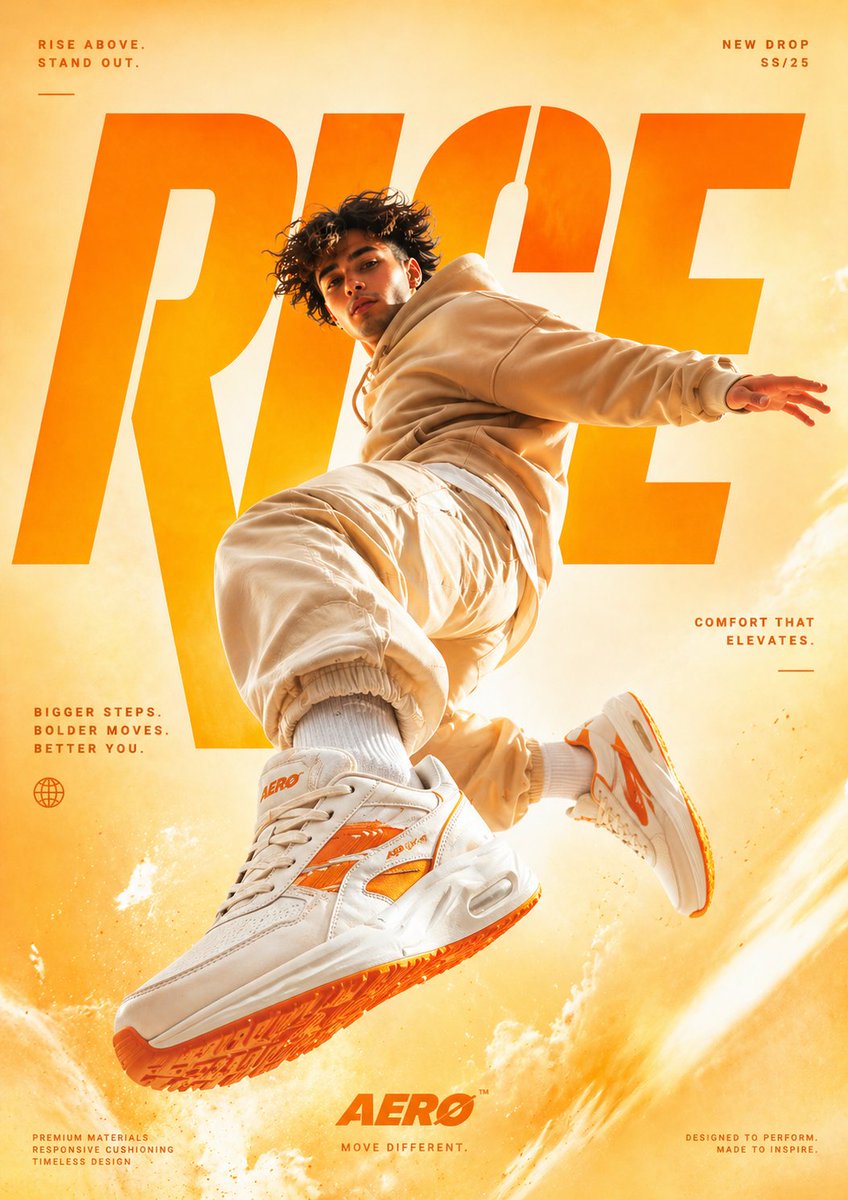 A cinematic, high-end sneaker advertisement poster featuring a young male model mid-air in a dyn