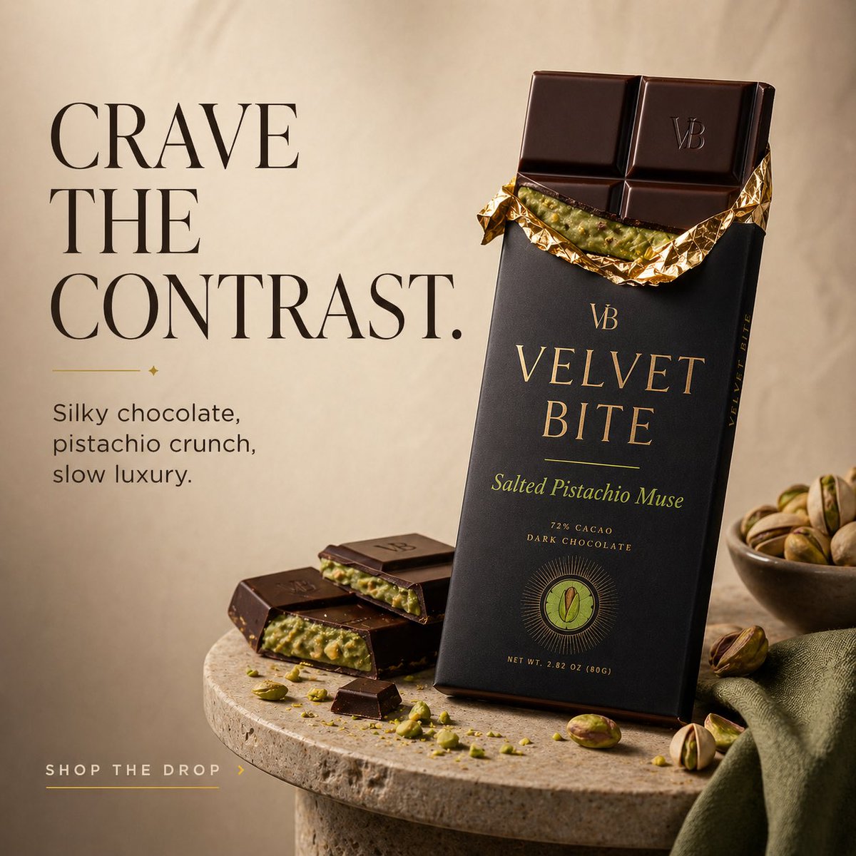 Create a premium ad for a fictional luxury chocolate brand called Velvet Bite. 2