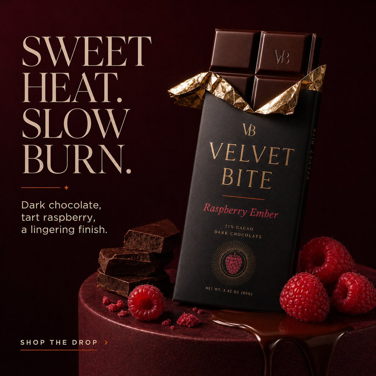 Create a premium ad for a fictional luxury chocolate brand called Velvet Bite. 3