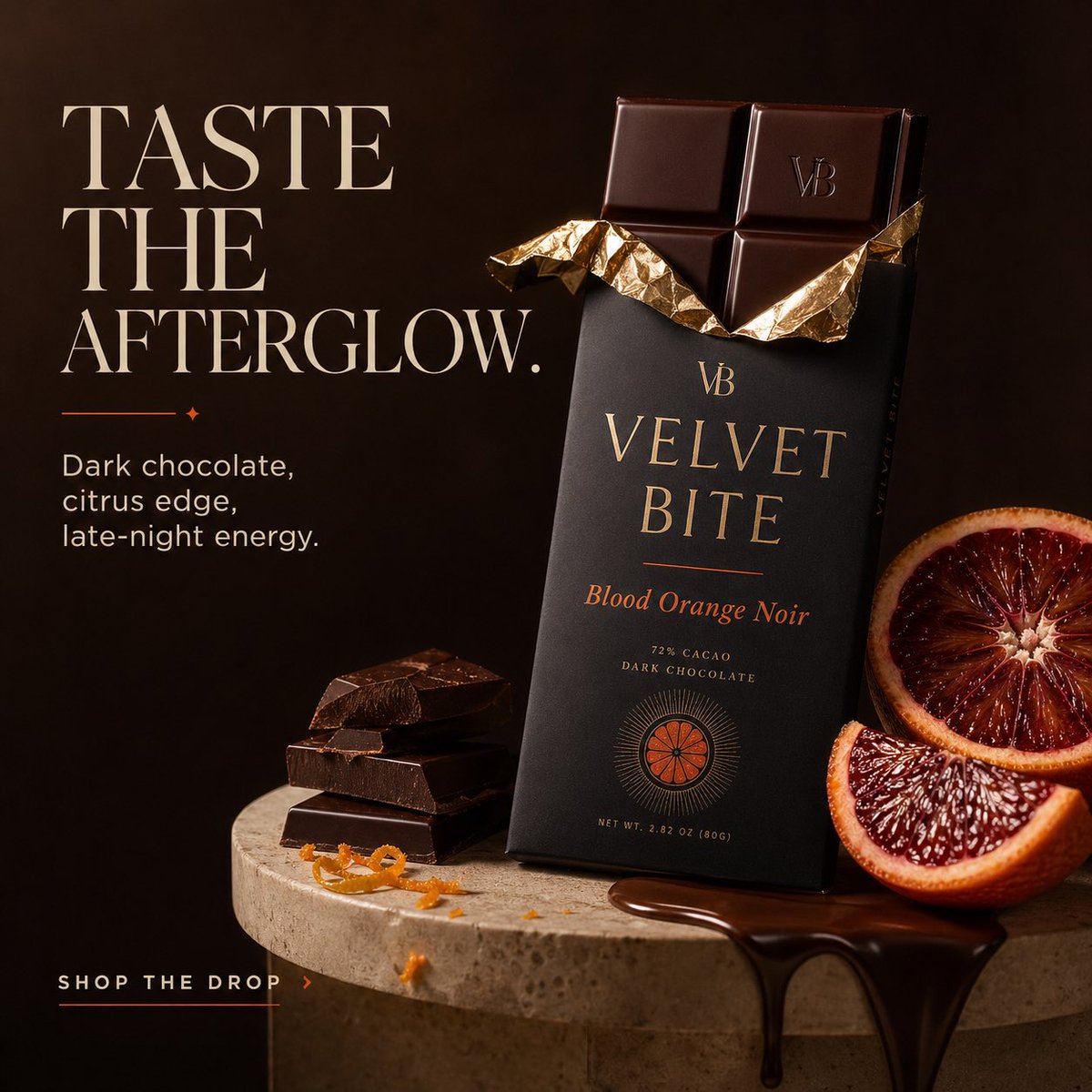 Create a premium ad for a fictional luxury chocolate brand called Velvet Bite.