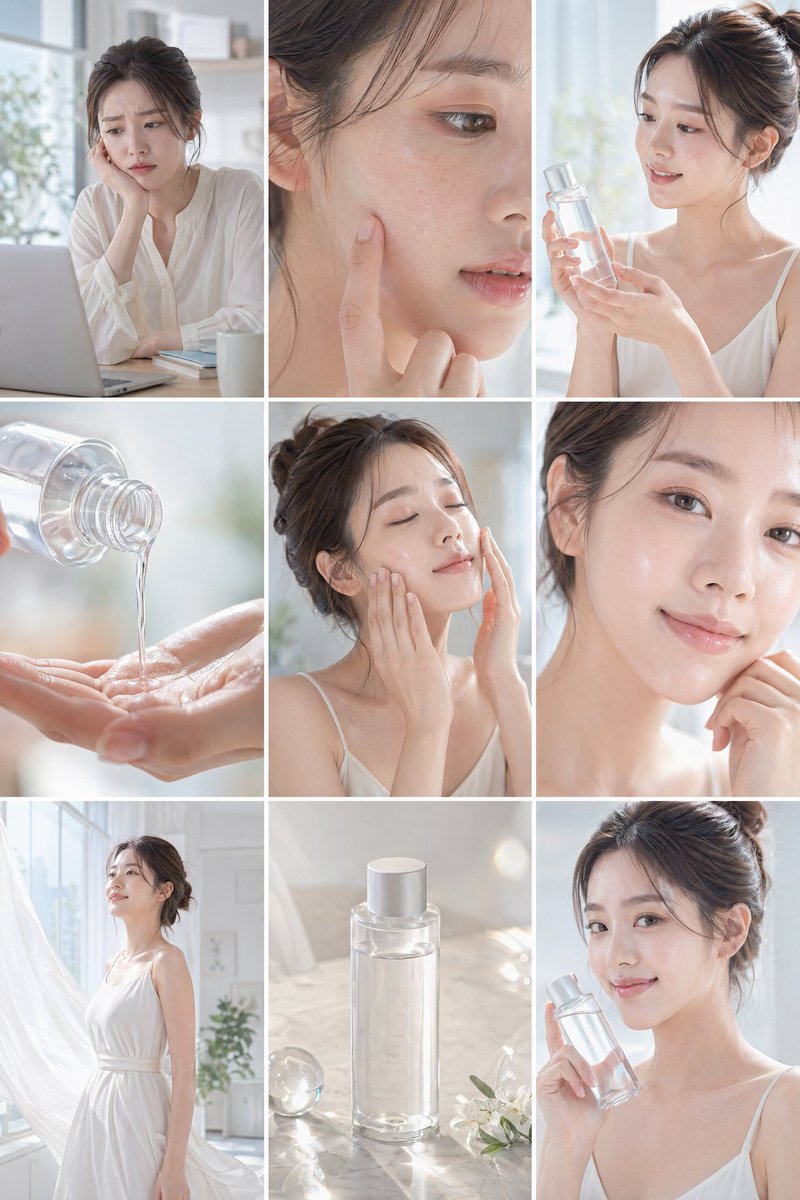 Create a clean, bright skincare commercial storyboard in a 16:9 layout with 9 panels. Use soft n