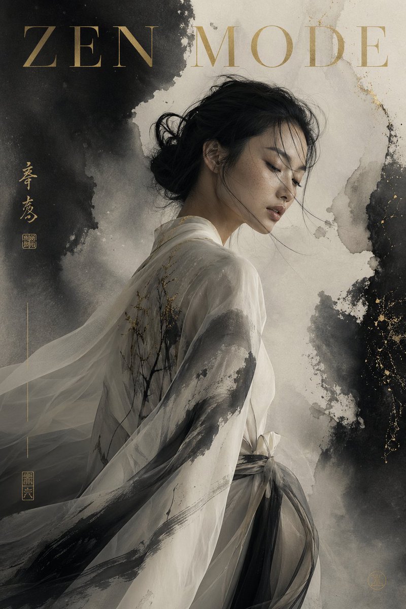 Luxury editorial cover, title "ZEN MODE", featuring a conceptual portrait of a modern Asian mode 2
