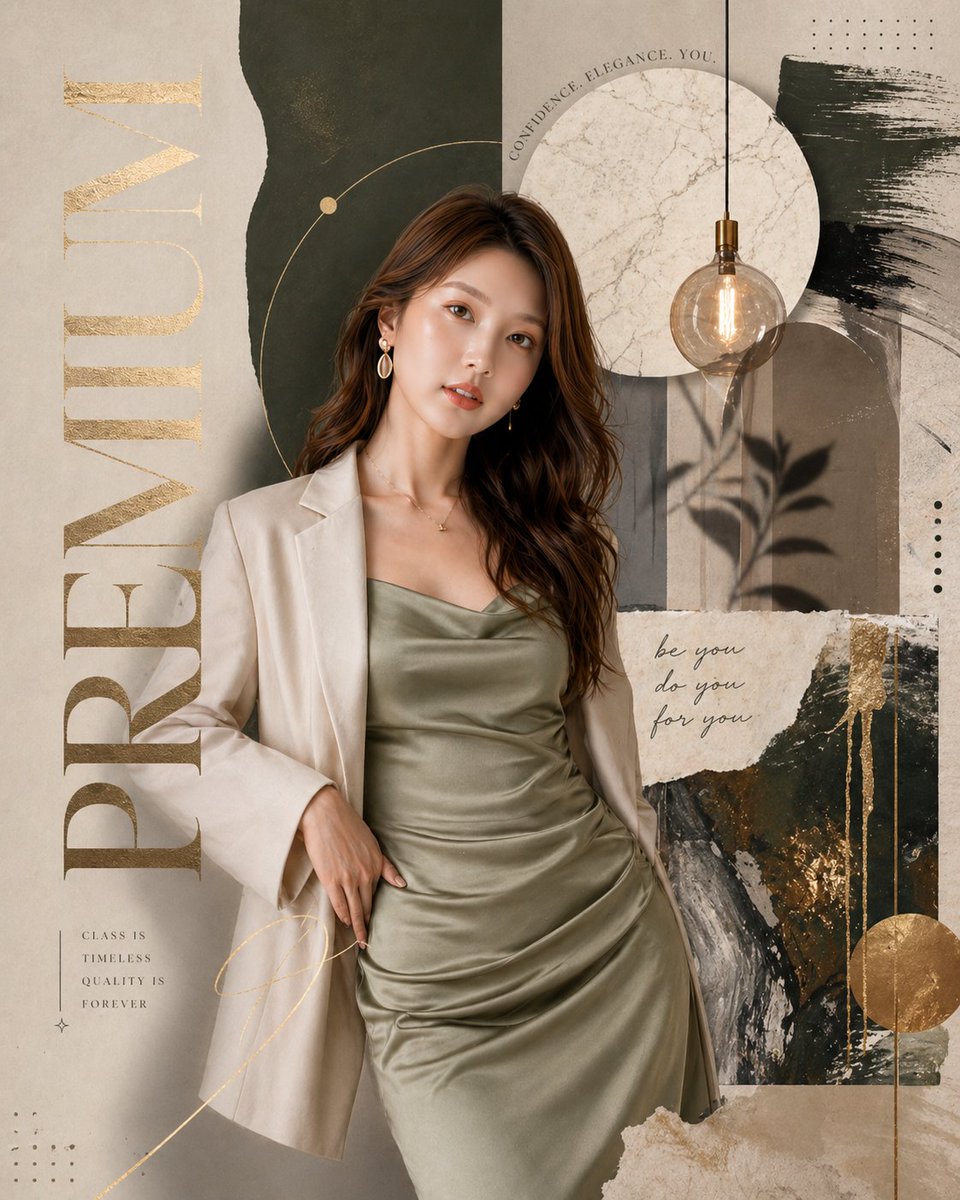 Luxury fashion editorial poster, premium magazine collage style, earthy neutral color palette (b
