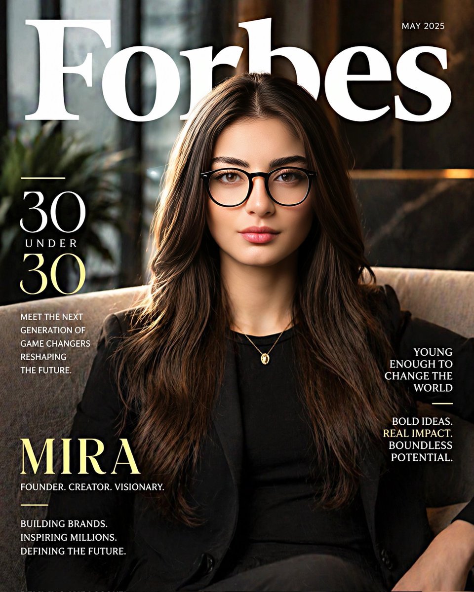 Create a hyper-realistic Forbes “30 Under 30” magazine-style portrait of the same woman from the