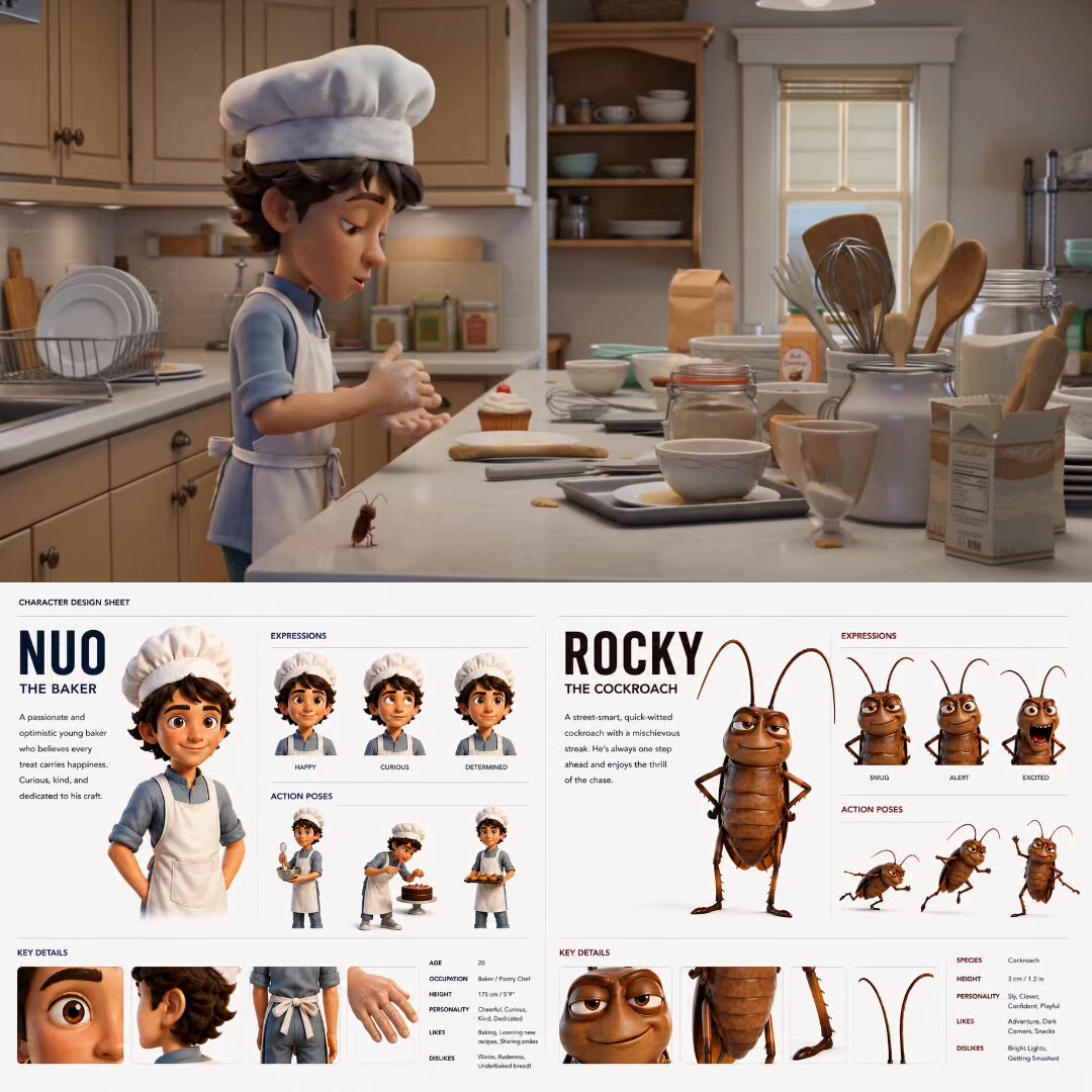 A professional 3D character design sheet displays two distinct protagonists, a human baker and a
