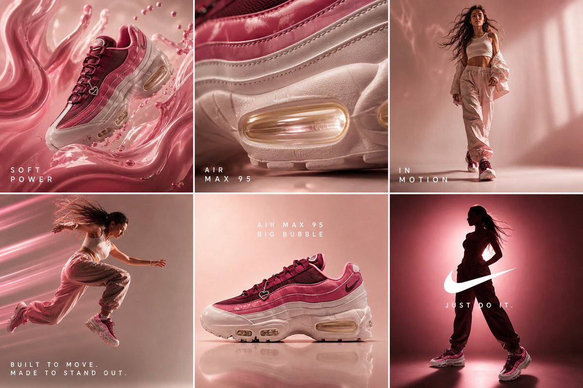 cinematic 6-frame grid (3x2), ultra-premium campaign for Nike Air Max 95 “Big Bubble” in deep be