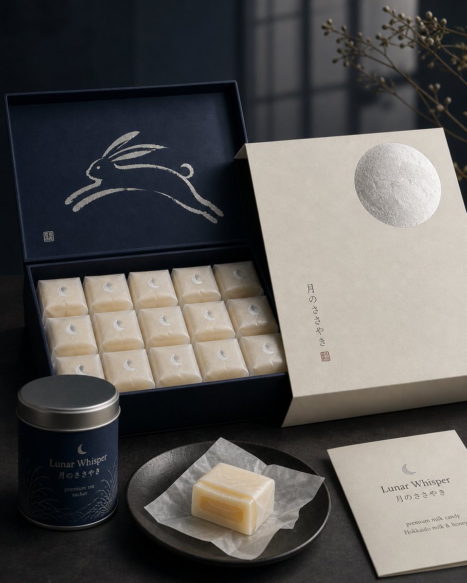 Premium Japanese confectionery packaging concept, “Lunar Whisper” / 月のささやき, inspired by moon rab