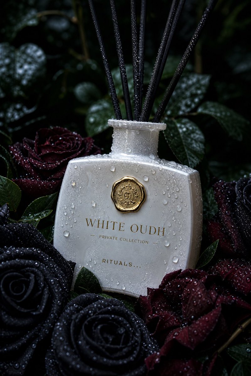 Ultra-realistic luxury product photography of a white creamy glass reed diffuser bottle labeled 