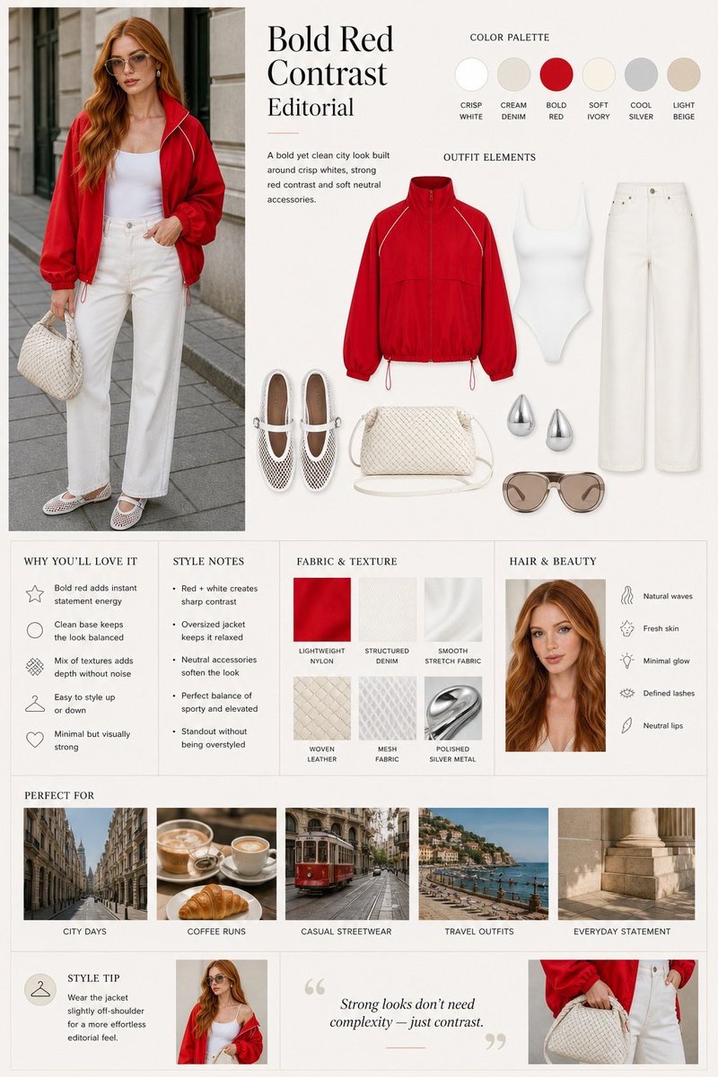 Fashion editorial layout, split design with model photo on the left and styled outfit board on t 2