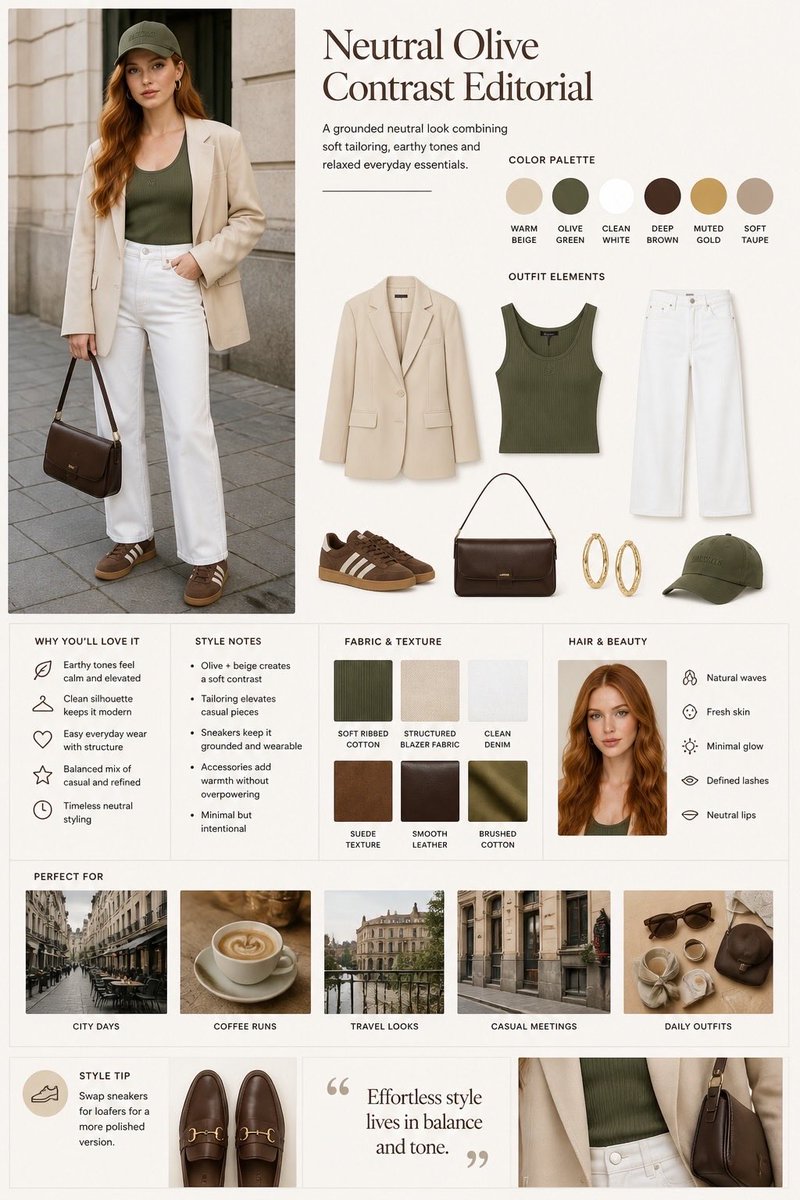 Fashion editorial layout, split design with model photo on the left and styled outfit board on t 3
