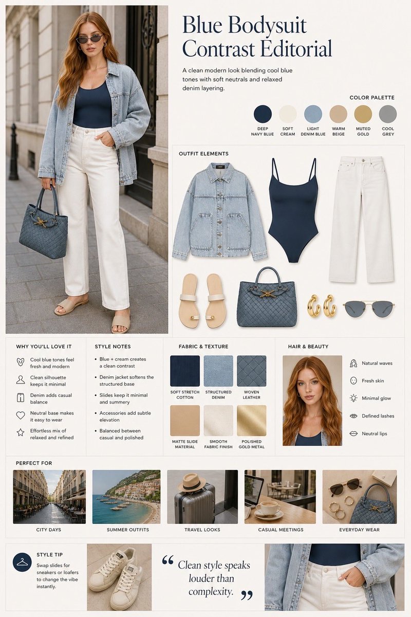 Fashion editorial layout, split design with model photo on the left and styled outfit board on t