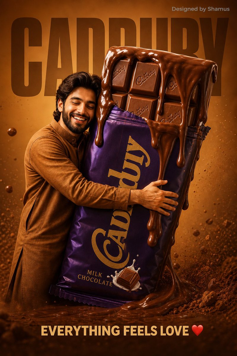 playful food advertisement poster. A happy young KASHMIRI MAN in a caramel-brown outfit hugging 