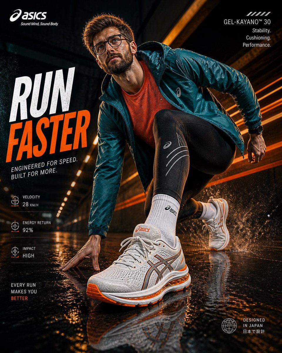 Create an ultra-high resolution (8K) premium ASICS sportswear advertisement with a cinematic, ed 2