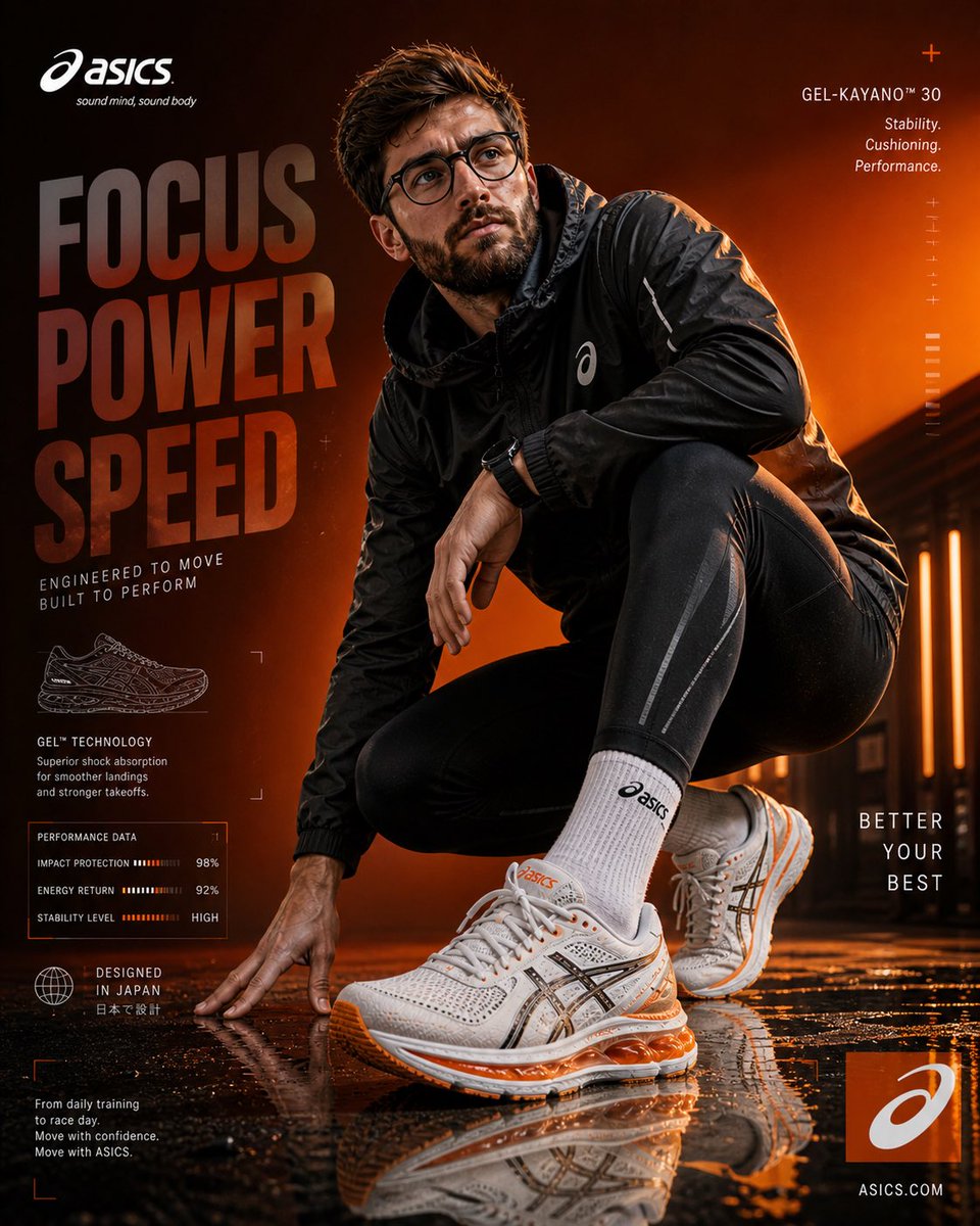 Create an ultra-high resolution (8K) premium ASICS sportswear advertisement with a cinematic, ed
